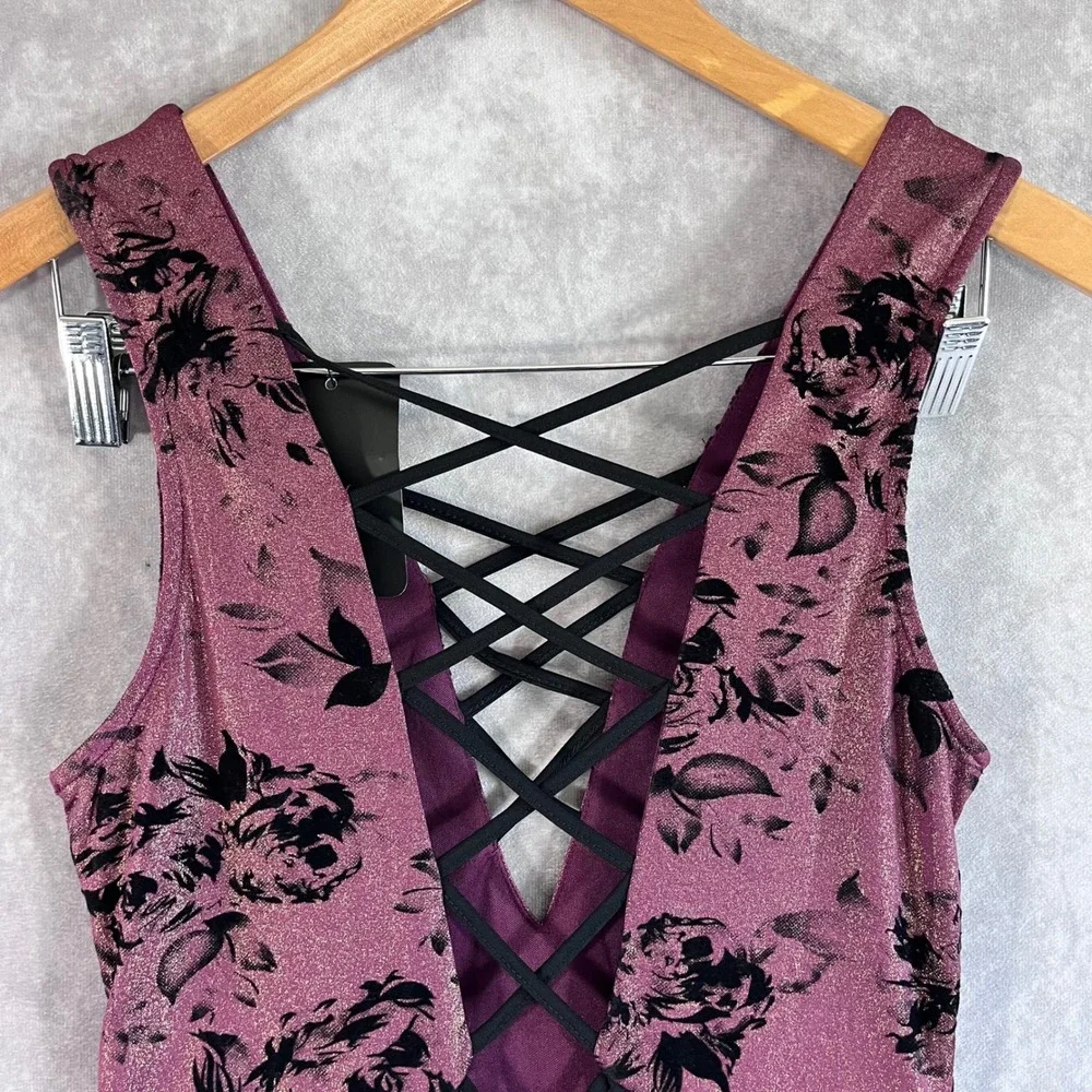 Privy Bodycon Dress Womens Medium Plum Metallic Floral Velvet Lace Up PD4380 NEW